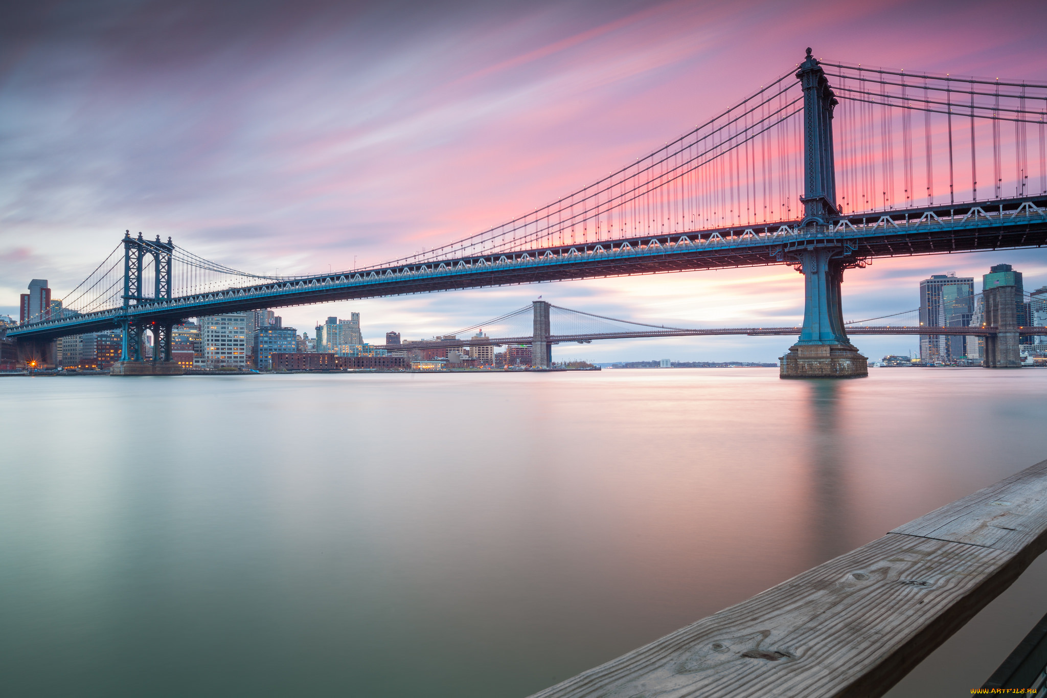 manhattan and brooklyn bridges at sunset, , - , , , 